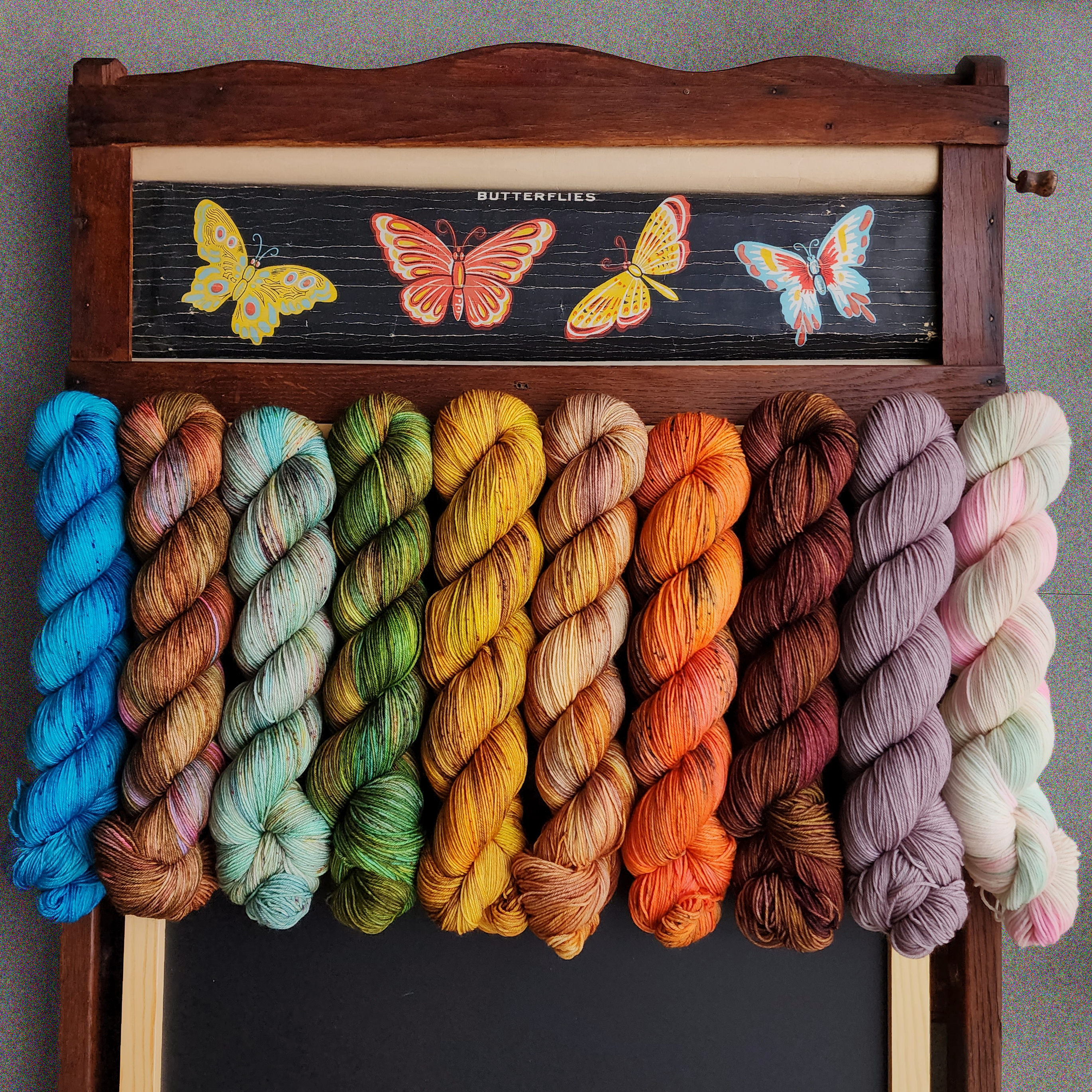 one each of the 10 colorways laid upon a vintage butterfly chart chalkboard